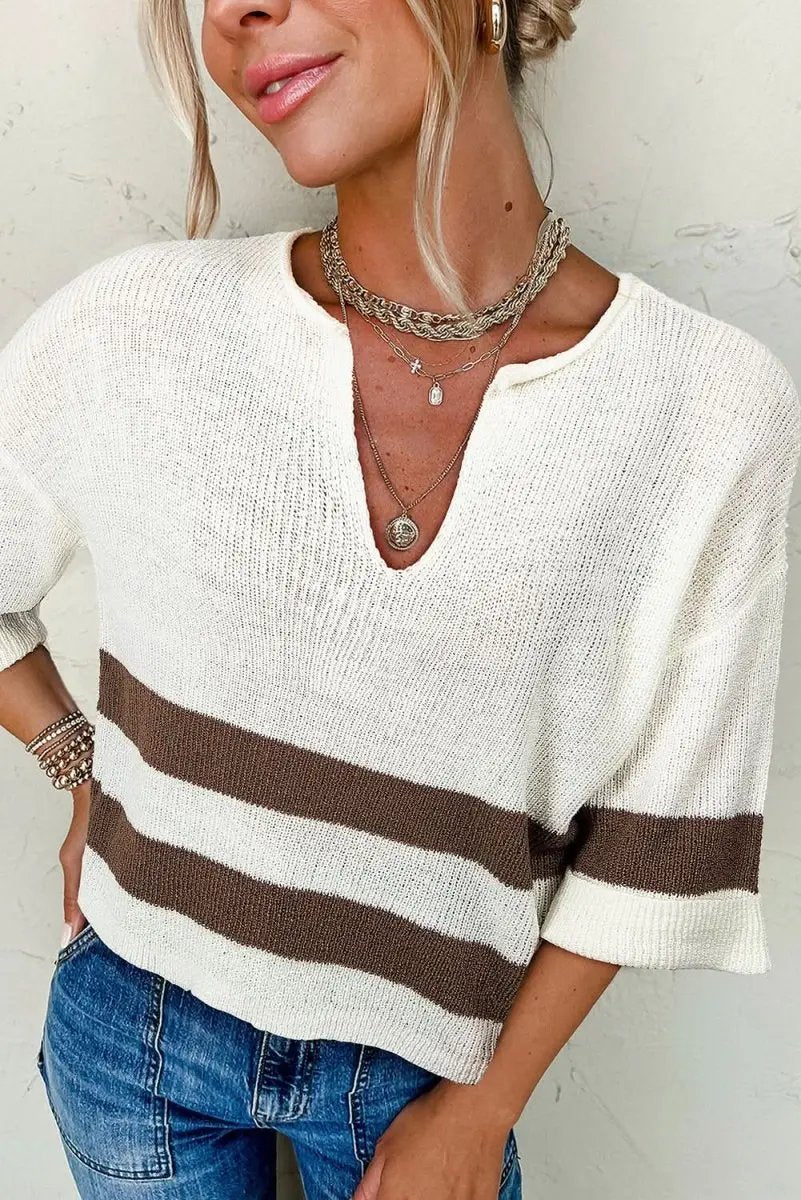 Love Salve Brown Striped V-Neck Cropped Sweater