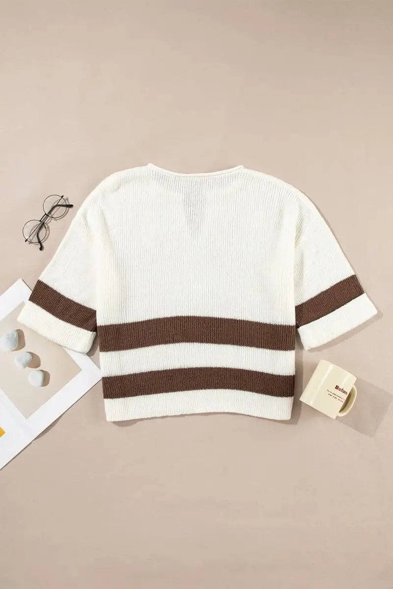 Love Salve Brown Striped V-Neck Cropped Sweater