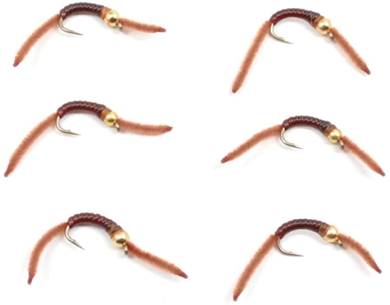 Barbless Tungsten San Juan Bead Head Power Worm Brown 6 Flies Size 14