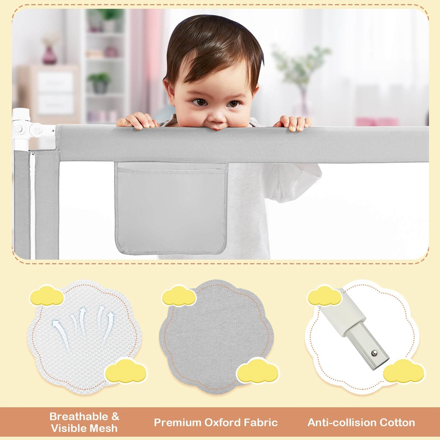 76.8 Inch Baby Bed Rail with Double Safety Child Lock
