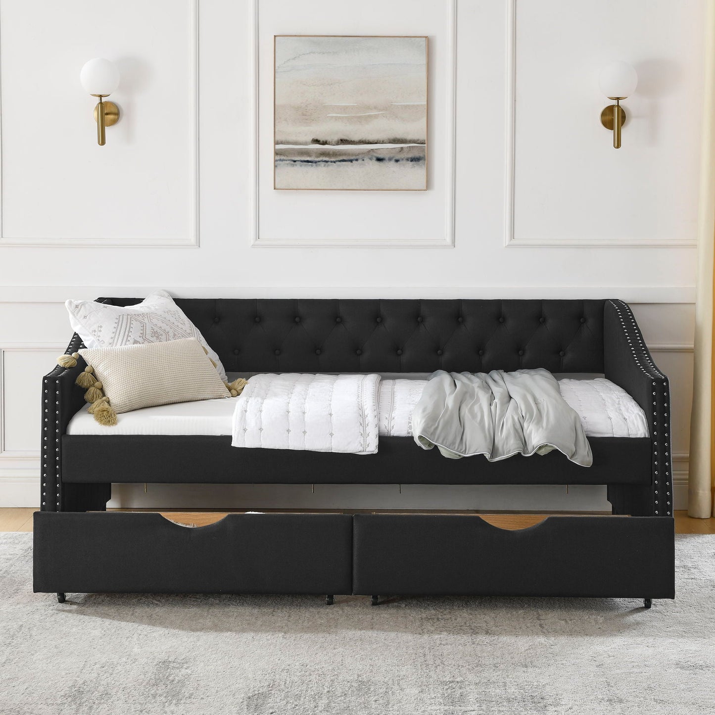 Upholstered Tufted Daybed With 2 Drawers, Waved Arms