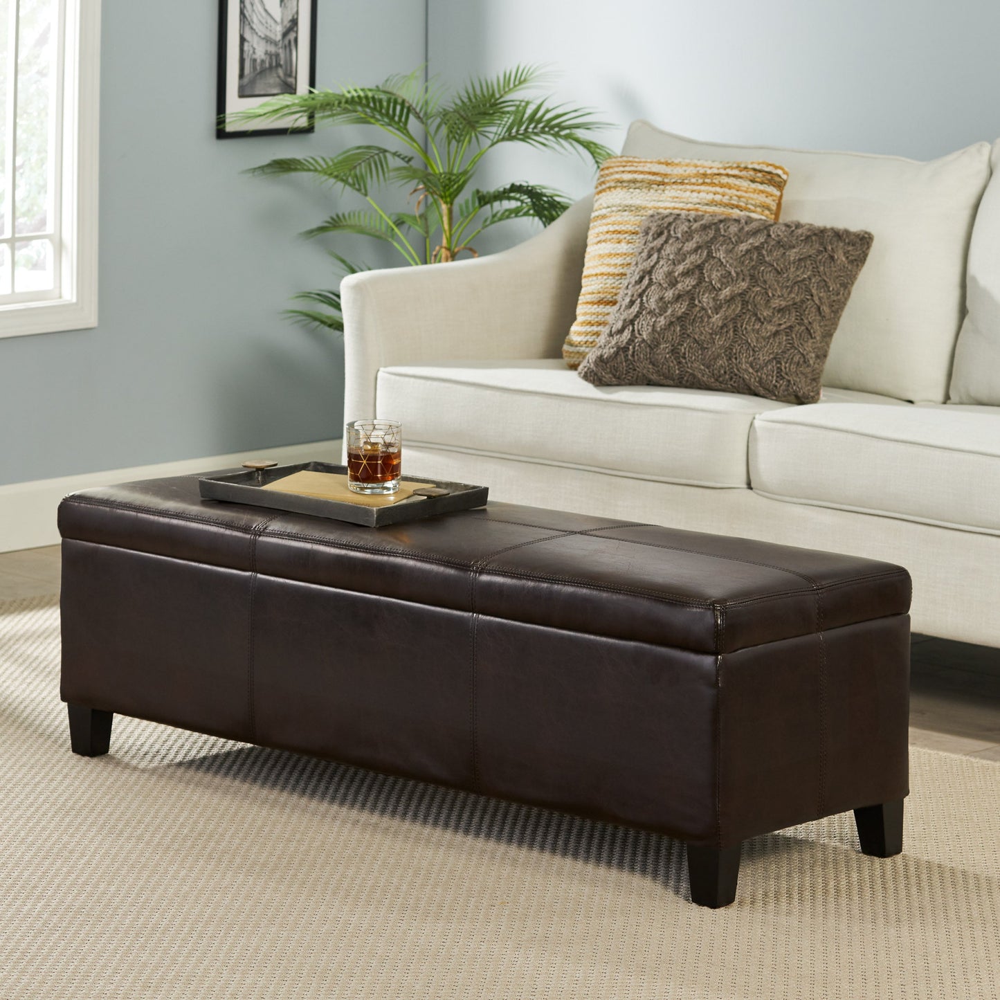 Upholstered PU Leather Storage Ottoman with Solid Wooden Legs