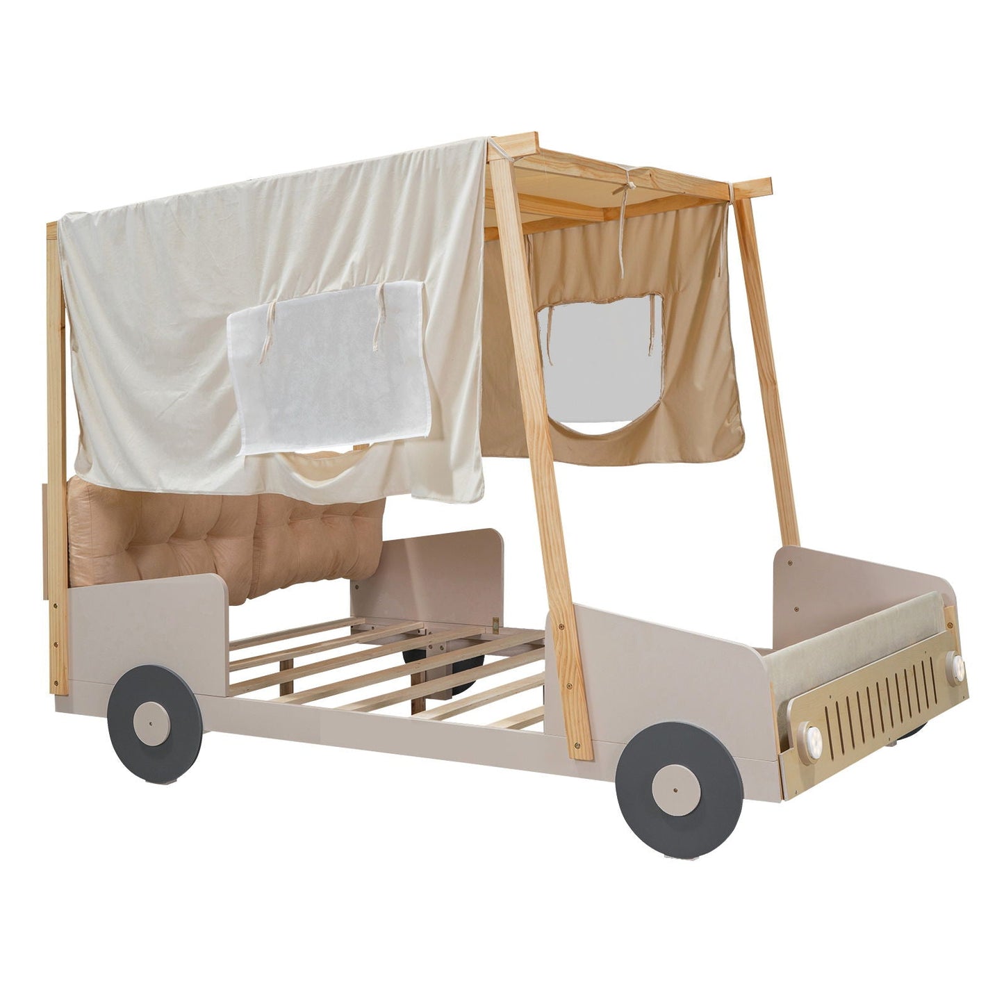 Twin Size Car Bed & Pillow, Ceiling Cloth And LED - Natural