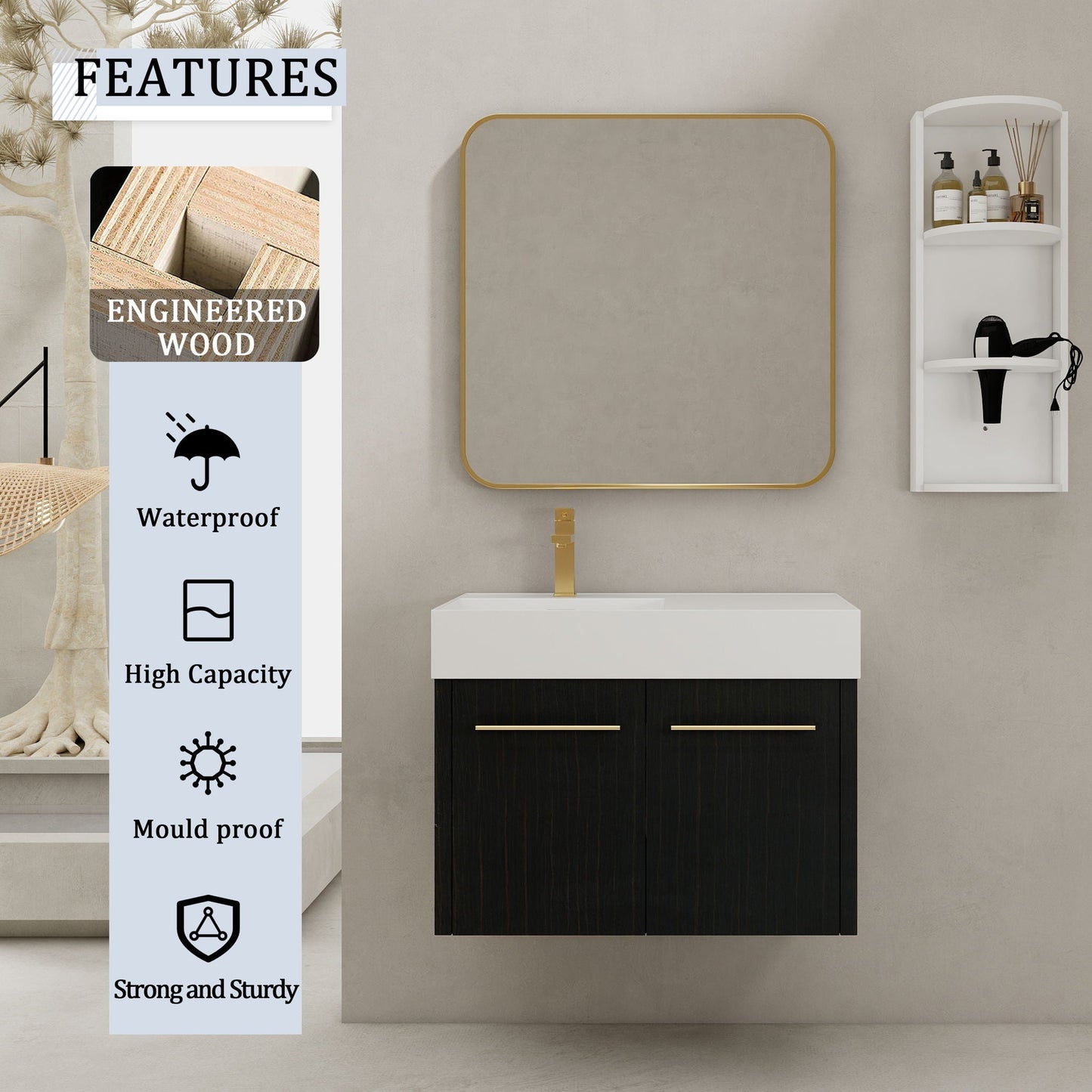 Modern Wall Mounted Bathroom Vanity With Resin Sink and Storage Rack