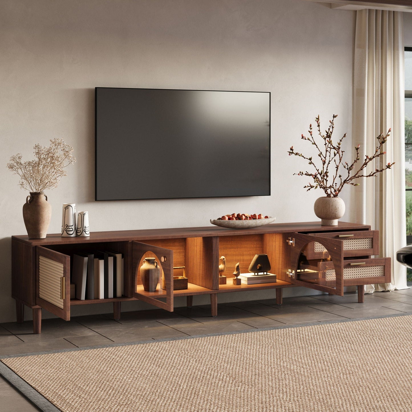 TV Stand For TVs Up To 90", Media Console With App Controlled LED Lights, 2 Drawers & Door Storage - Dark Brown
