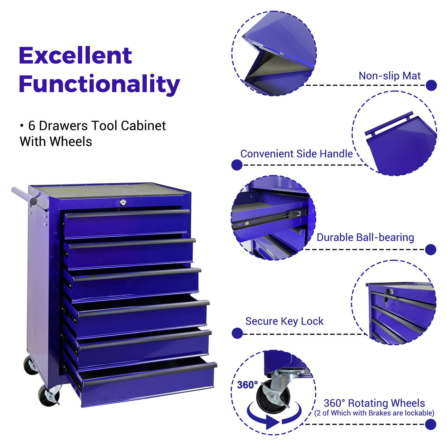 Rolling Metal Tool Chest with 6 Drawers, 20" Cabinet - Purple