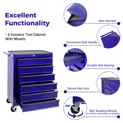 Rolling Metal Tool Chest with 6 Drawers, 20" Cabinet - Purple