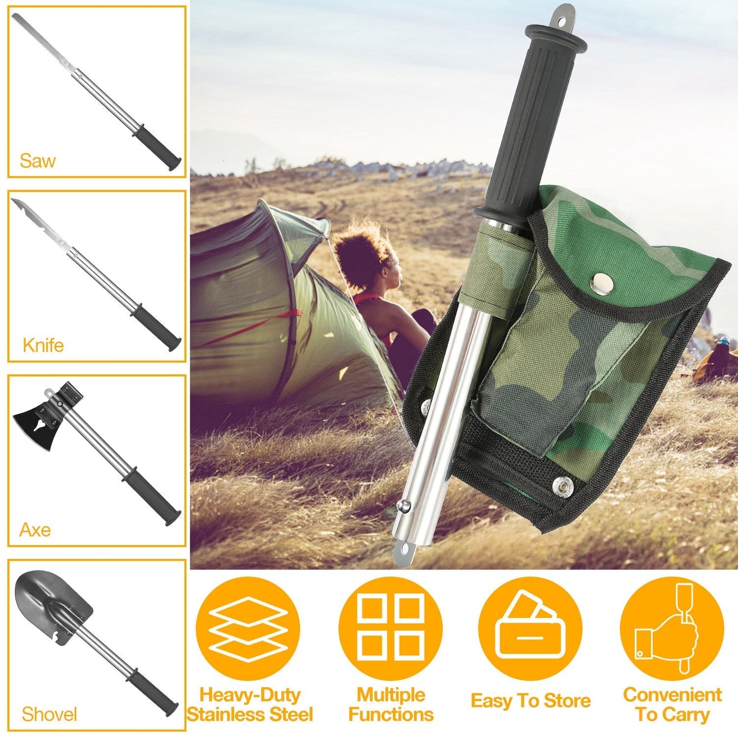 6-in-1 Multi Tool Survival Kit Shovel Knife Axe Saw Nail Puller w/ Pouch Outdoor Gear Camping