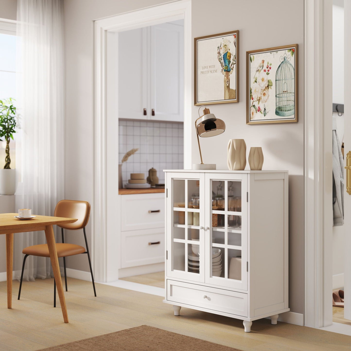 Minimalist Buffet Cabinet With Double Glass Doors And Drawer