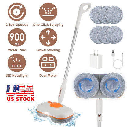 Dual Motor Cordless Spin Mop Self-Propelled Floor Cleaner with 6 Microfiber Pads 2 Speeds 900ML Water Tank One Click Spraying Headlight for Multiple F