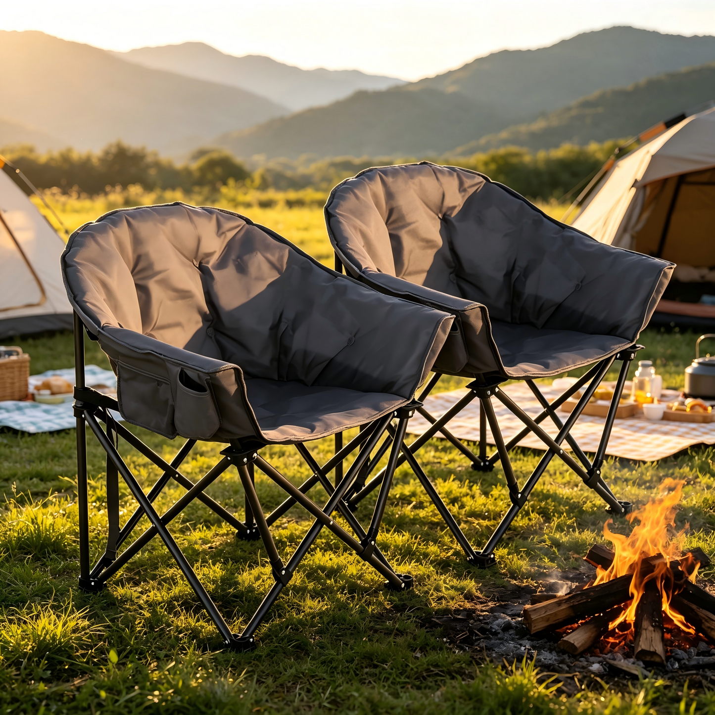 Set of 2 Oversized Camping Chairs with Side Pocket