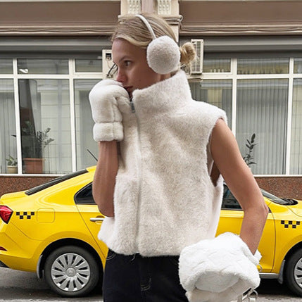 Faux Fur Stand Collar Sleeveless Top Cardigan Solid Color Zipper Vest Women's Vest