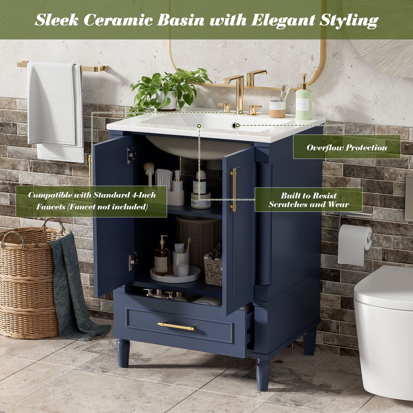 Bathroom Vanity With Ornate French Cylinder Legs, Soft Close Drawer