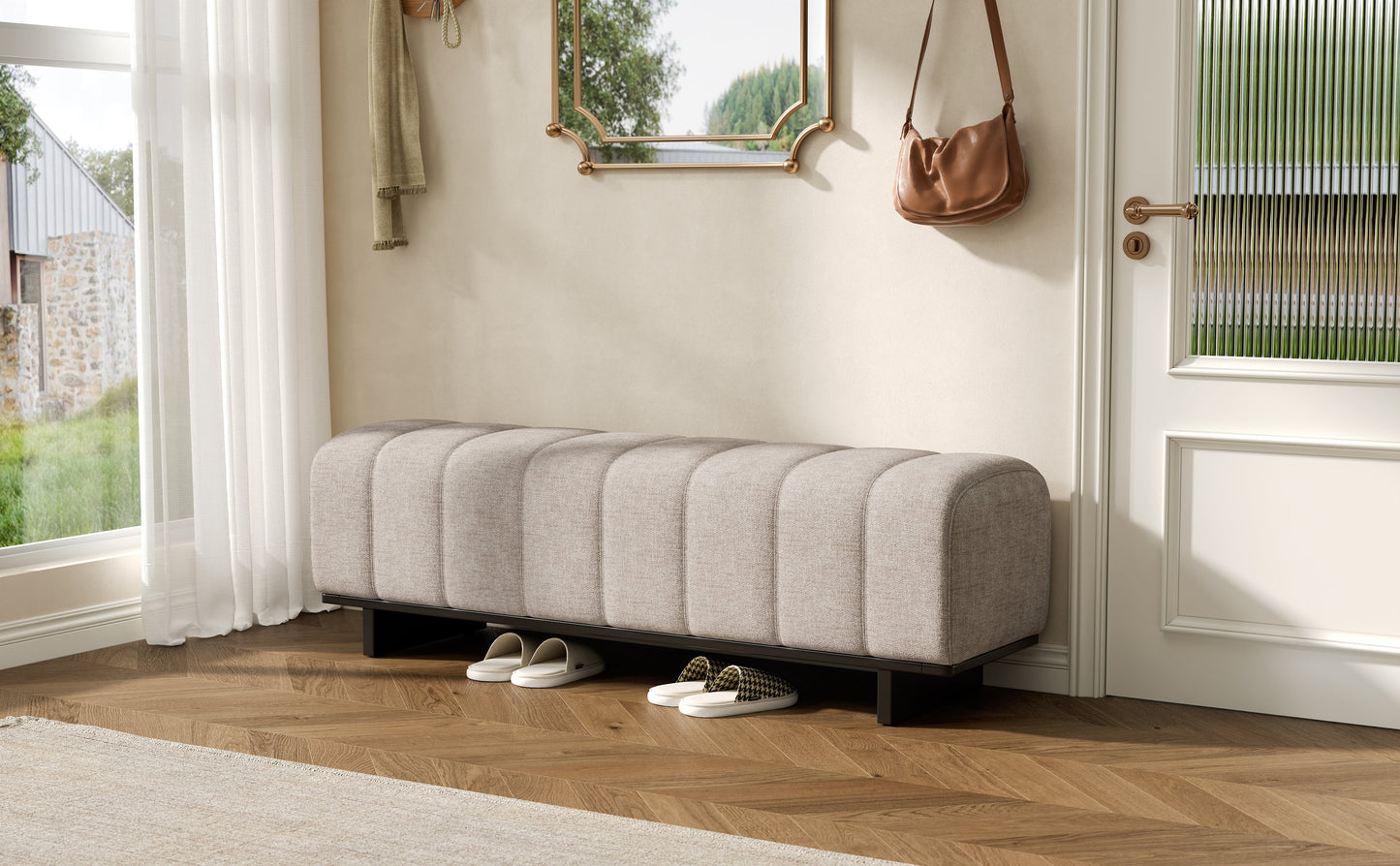 Indoor Dining Bench in Oatmeal Chenille Fabric with Rubber Wood Legs
