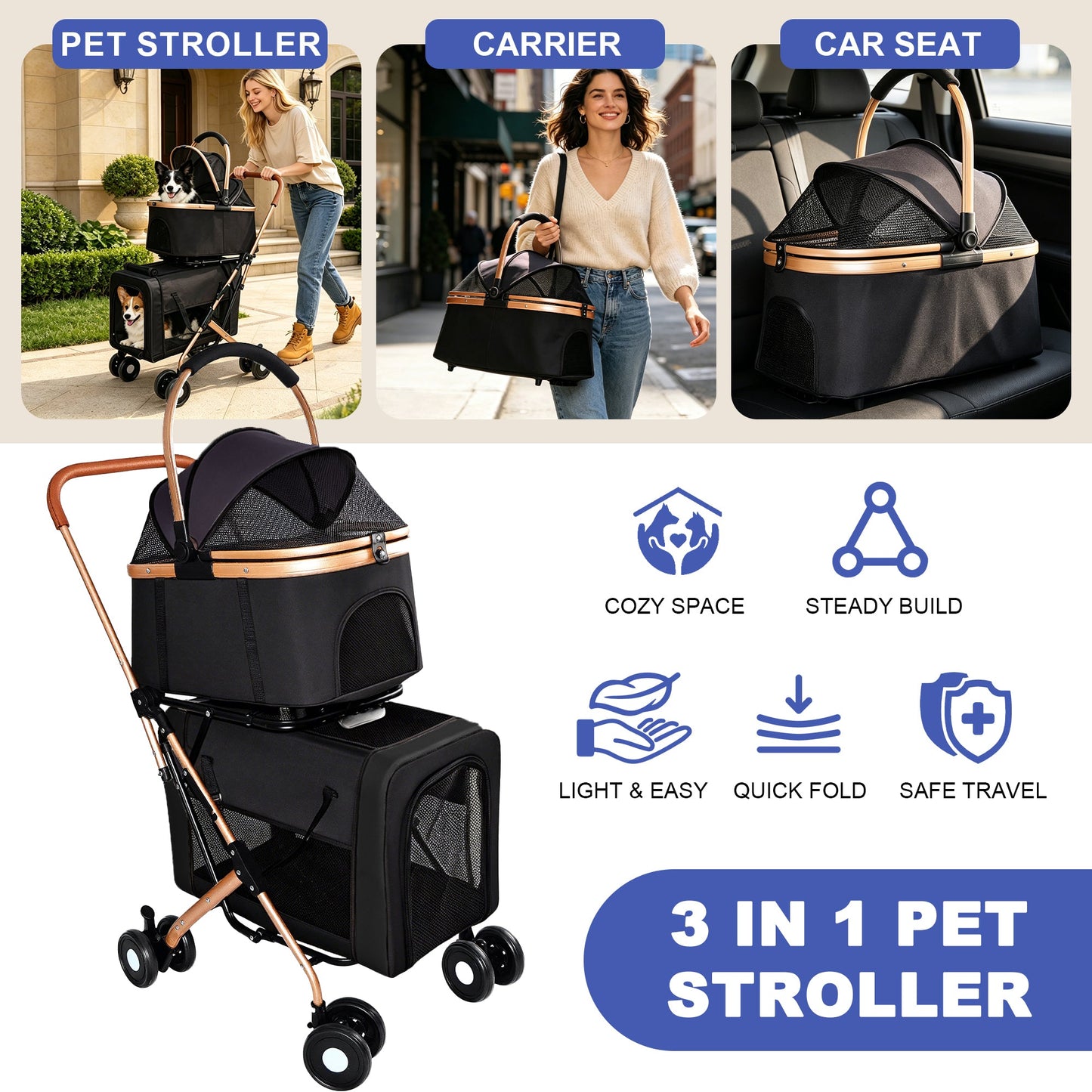 Double Pet Stroller for Small and Medium Dogs and Cats