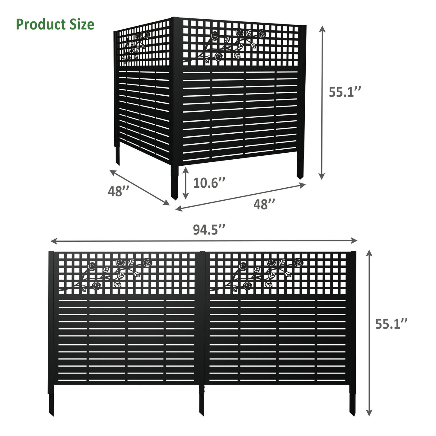 W48" x H47.3" Metal Privacy Screen with Rose Design