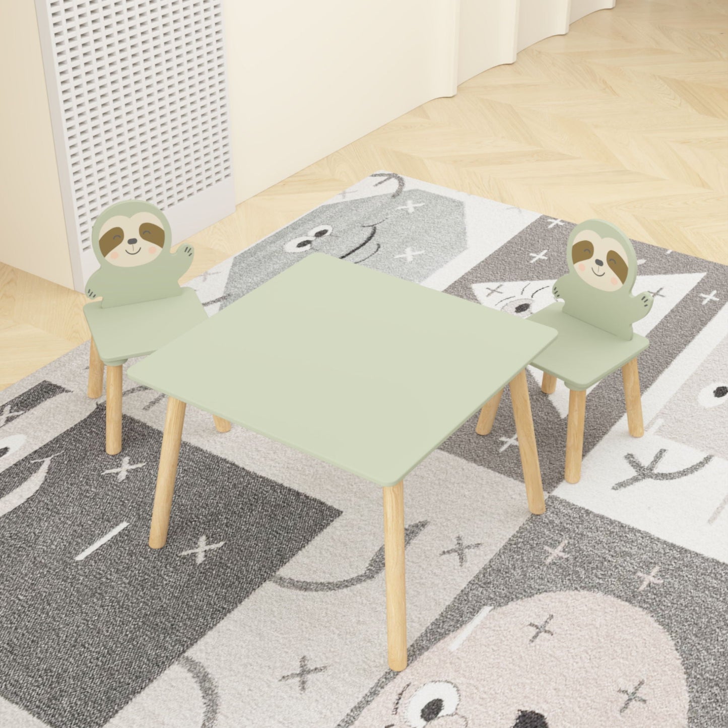 Sloth Themed Table And Chair Set With 2 Cute Animal Chairs - Natural Wood / Sage Green