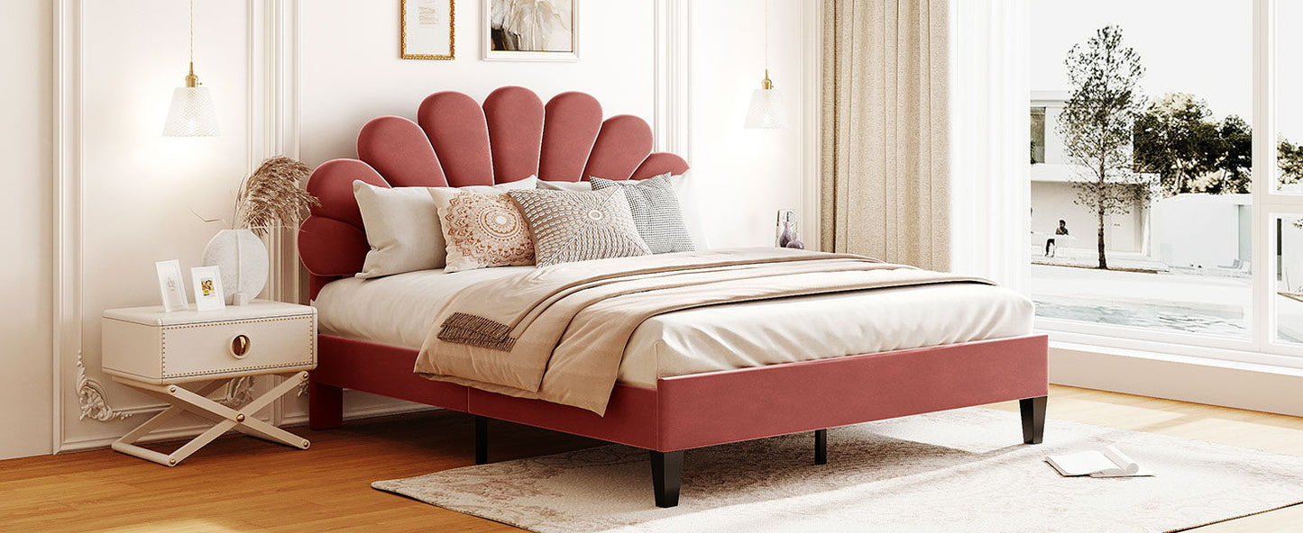 Upholstered Platform Bed With Flower Pattern Headboard