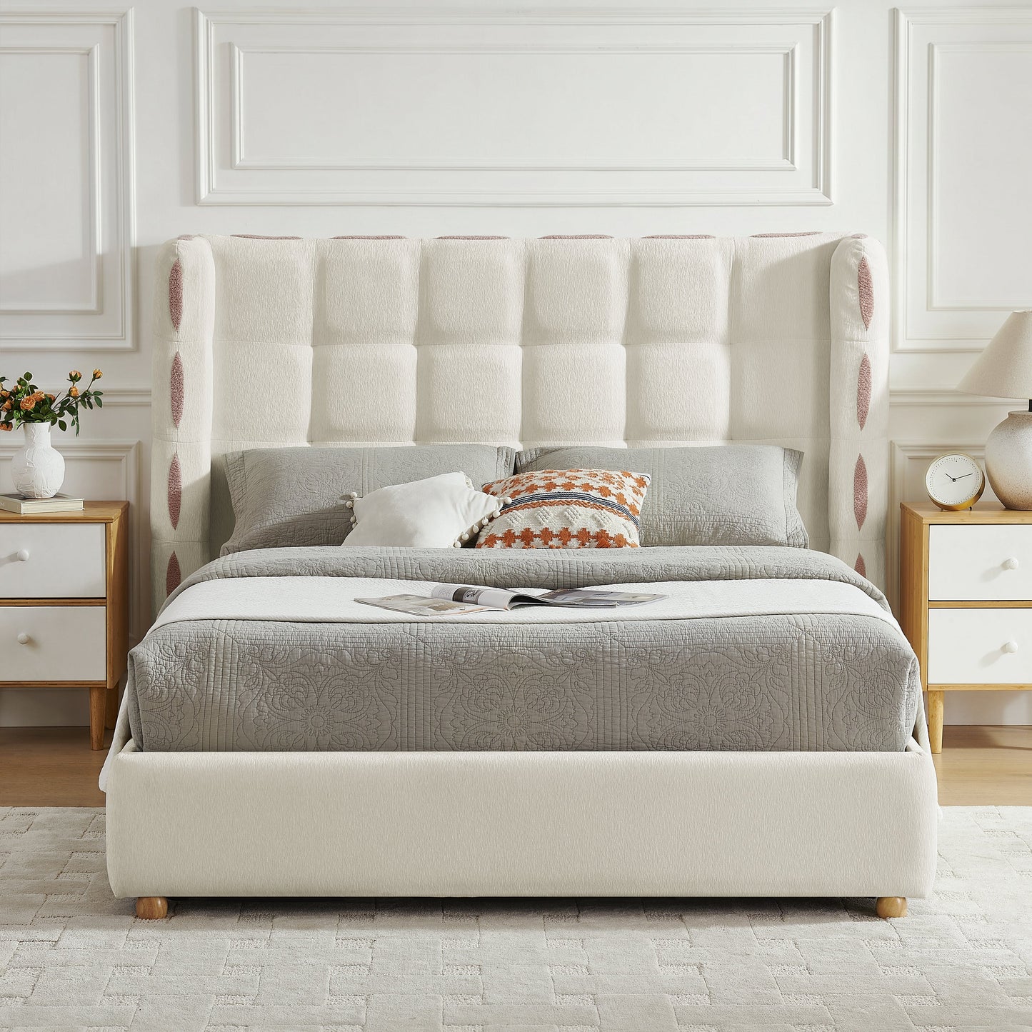 Queen Size Removable Chenille Wingback Upholstered Waffle Bed