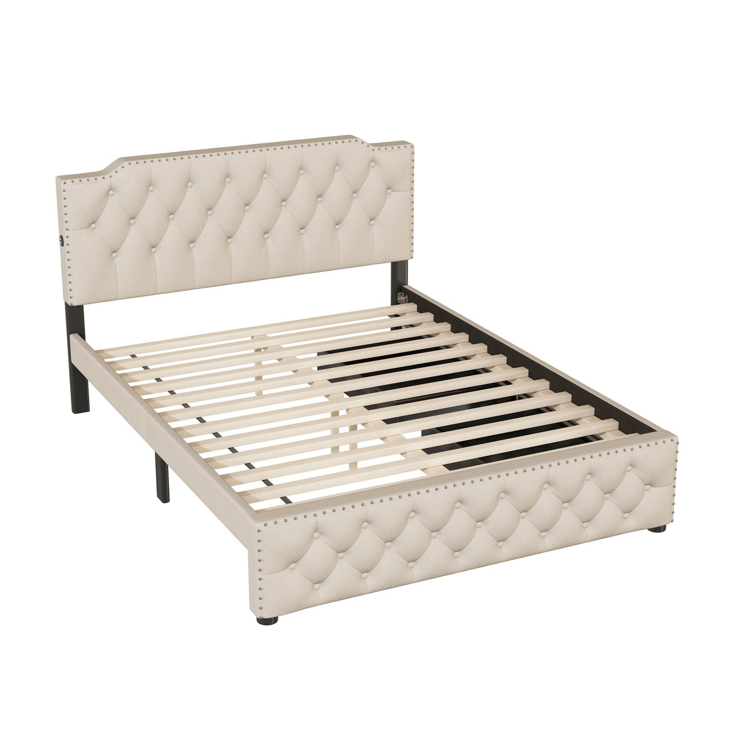 Upholstered Platform Bed With 2 Drawers And 2 Sets Of USB Ports On Each Side, Fabric