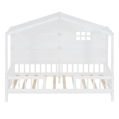House Bed With Shelves, Window And Sparkling Light Strip On The Roof