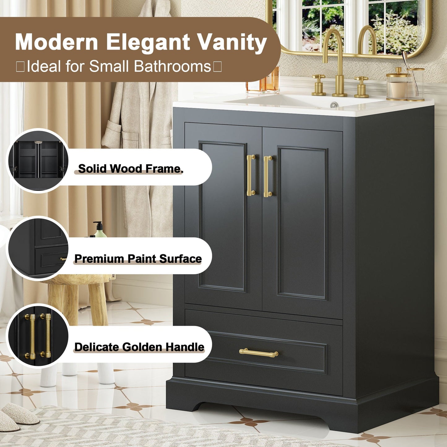 Bathroom Vanity With Sink, 1 Divided Drawer And 2 Soft Close Doors With Double Shelf