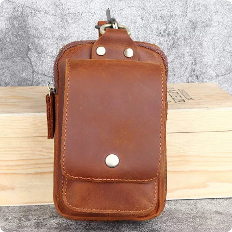 Retro Top Layer Cowhide Phone Bag, Crazy Horse Leather Men's Belt Waist Bag