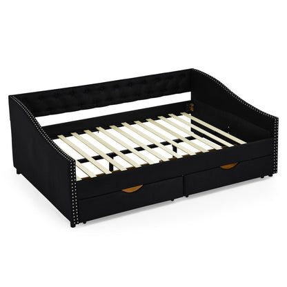 Upholstered Tufted Daybed With 2 Drawers, Waved Arms