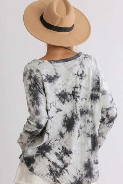 Umgee Full Size Tie Dye Round Neck Ribbed Button Front Top Plus Size
