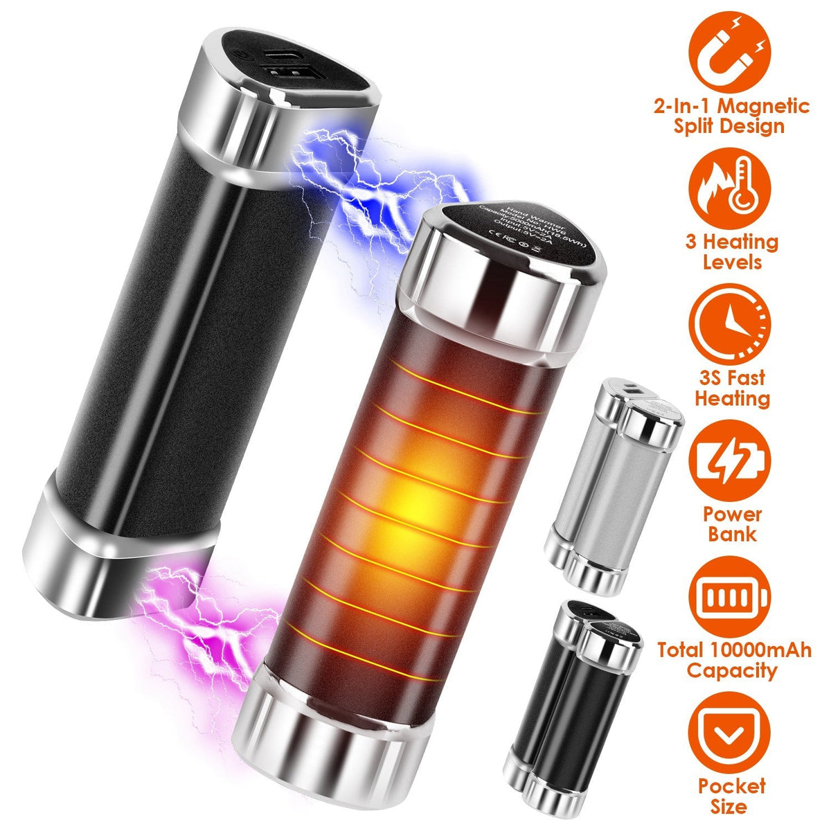 2 Packs 10000mAh Split-Magnetic Handwarmers 2 in 1 Portable Electric Pocket Heater Power Bank Portable Charger with 3 Heating Levels  for Camping Hunt