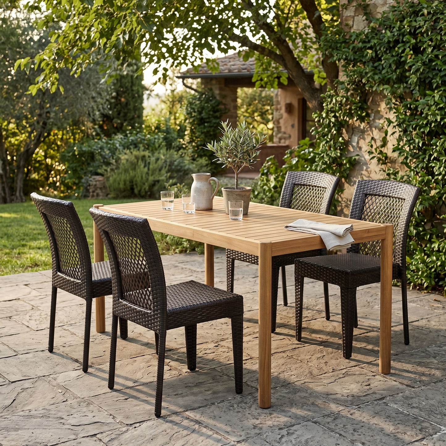 5-Piece Outdoor Dining Set, Acacia Wood Rectangular Patio Table & 4 PE Rattan Iron Frame Dining Chairs