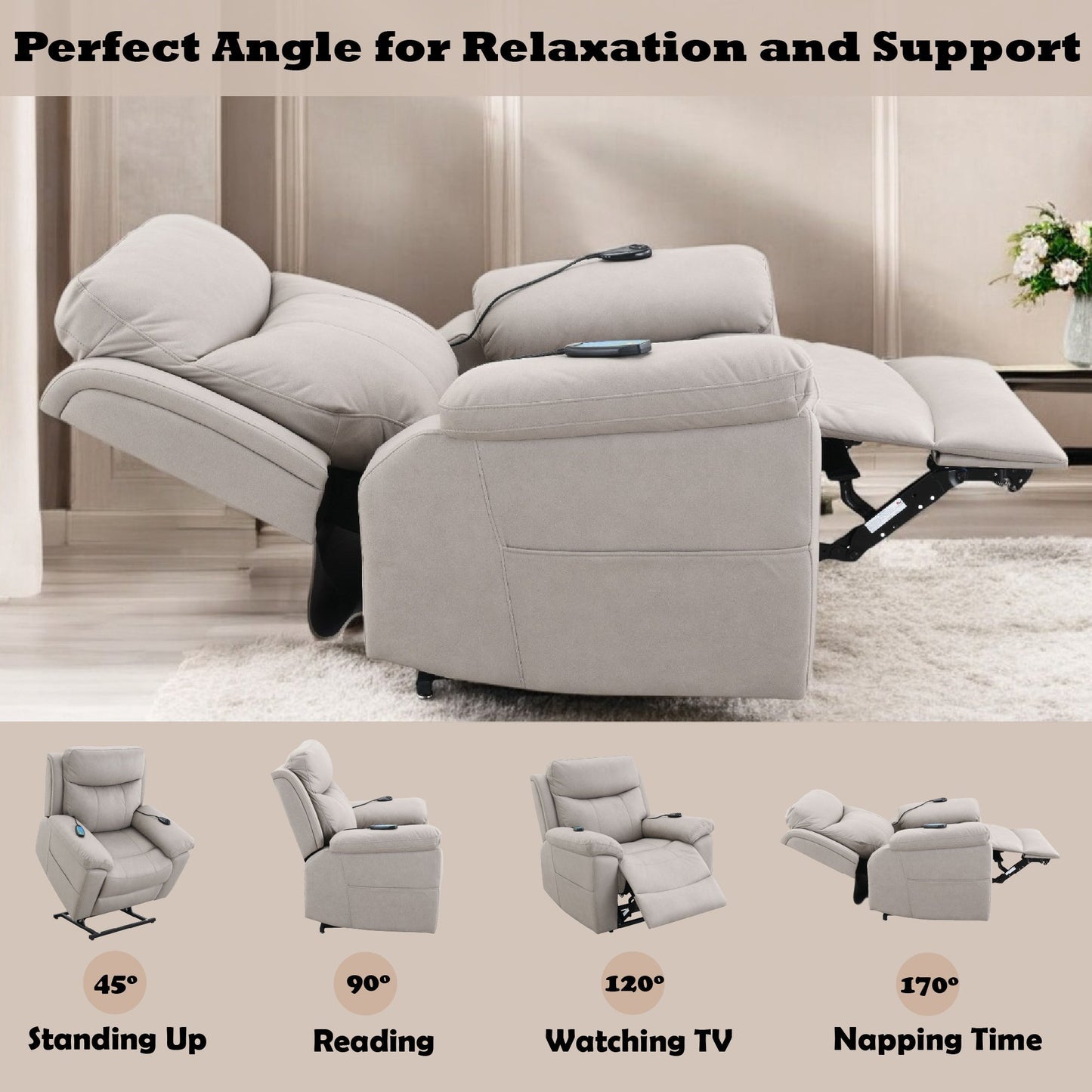 Chriki Beige Chenille & Black Finish Power Recliner with Lift, Heating, and Massage