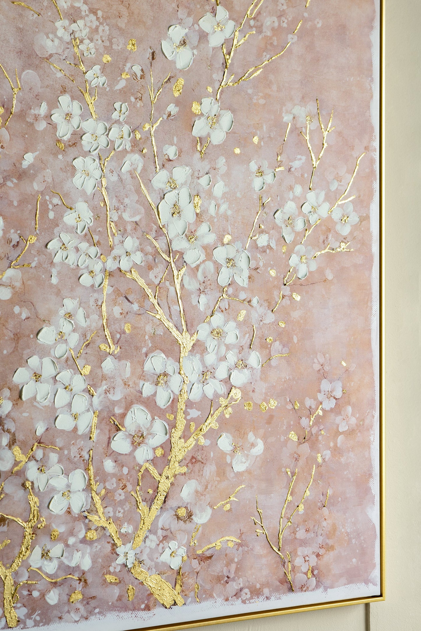 59.1x47.2 Hand-Painted Cherry Blossom Canvas Art with Blush Pink and White Finish