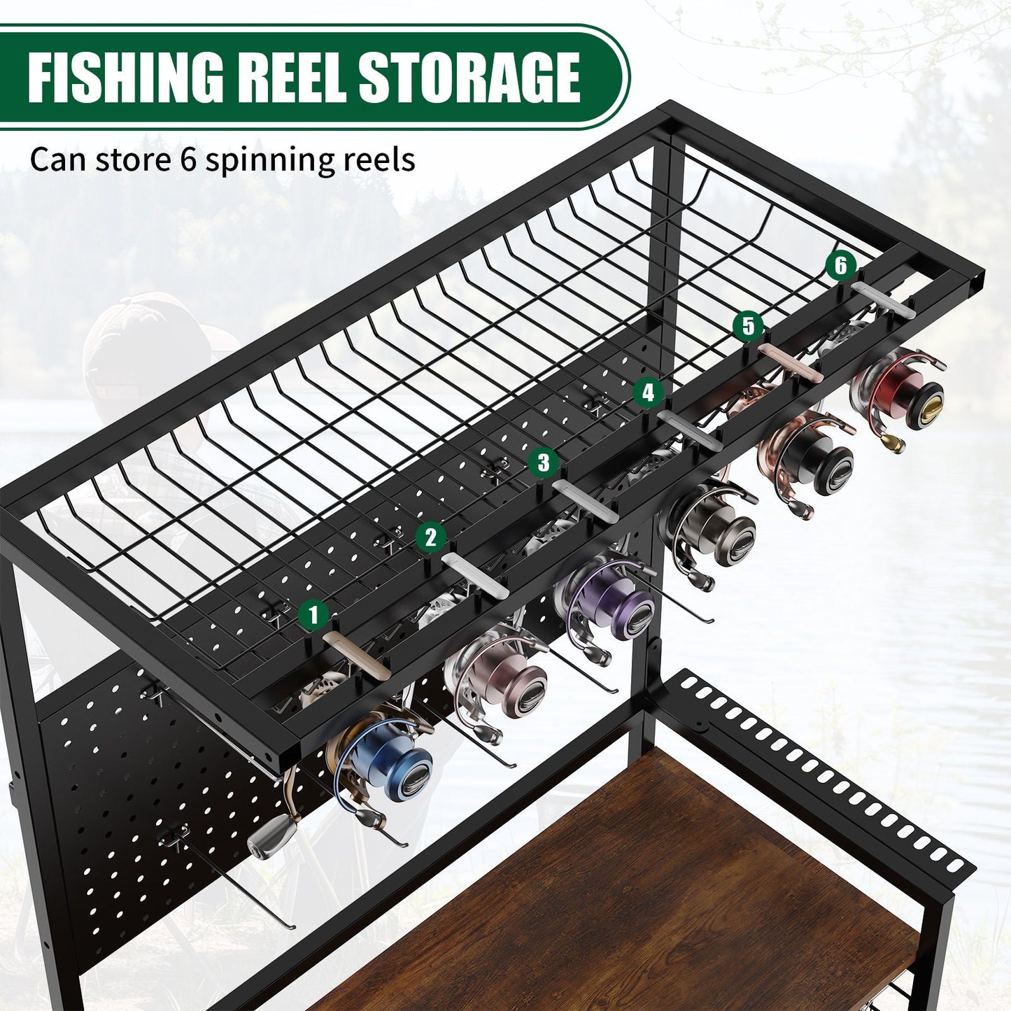 Fishing Rod Storage Rack With Pegboard, Rolling Tackle Organizer Cart - Black