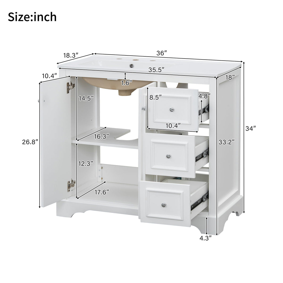 Bathroom Vanity With Sink, Soft-Close Doors, Adjustable U-Shelf, 3 Drawers