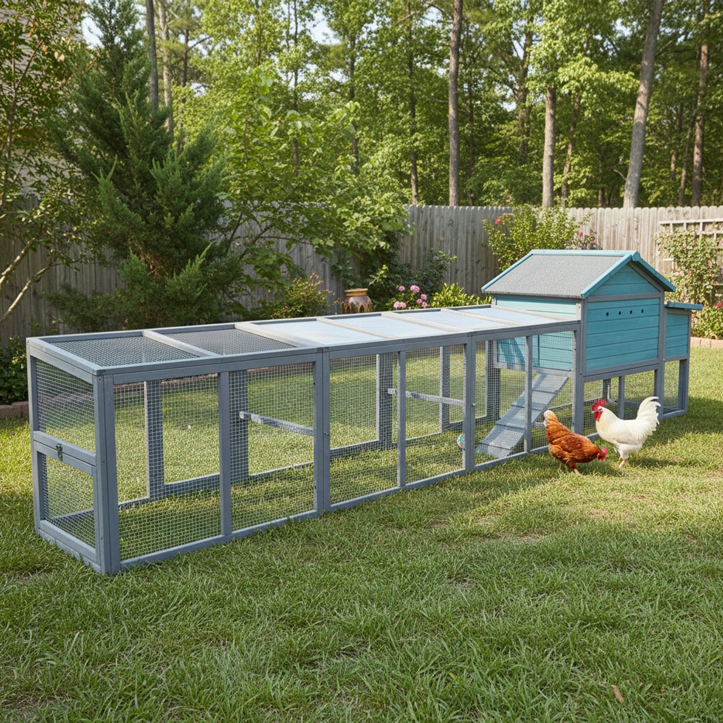141" Large Wooden Chicken Coop with Nesting Box and Wire Fence