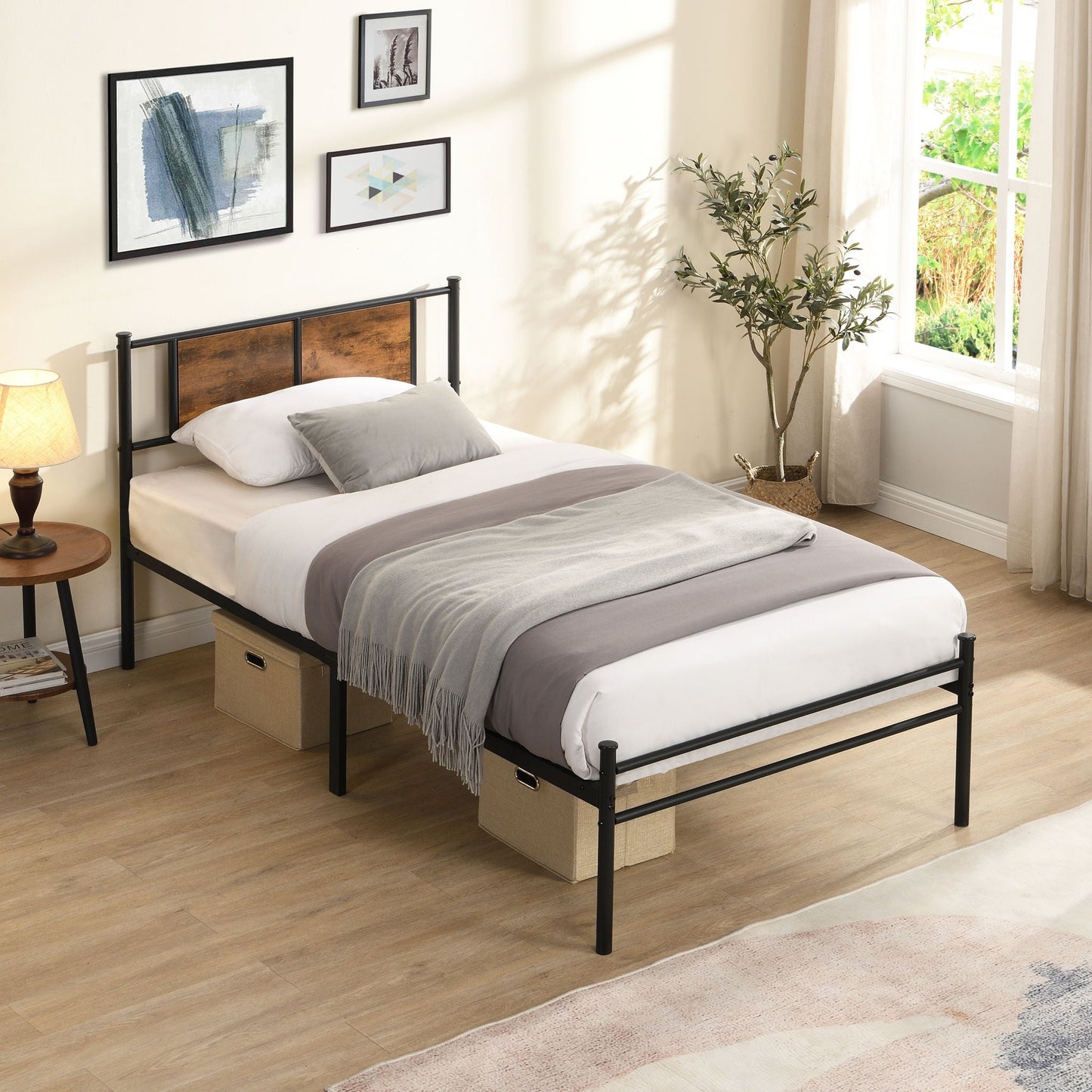 Modern Metal Bedframe With Headboard, Durable Steel Structure