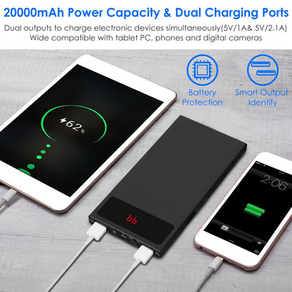 20000mAh Power Bank Ultra-thin External Battery Pack Phone Charger Dual USB Ports Flashlight Battery Remain Display