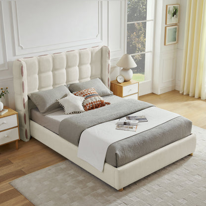 Queen Size Removable Chenille Wingback Upholstered Waffle Bed