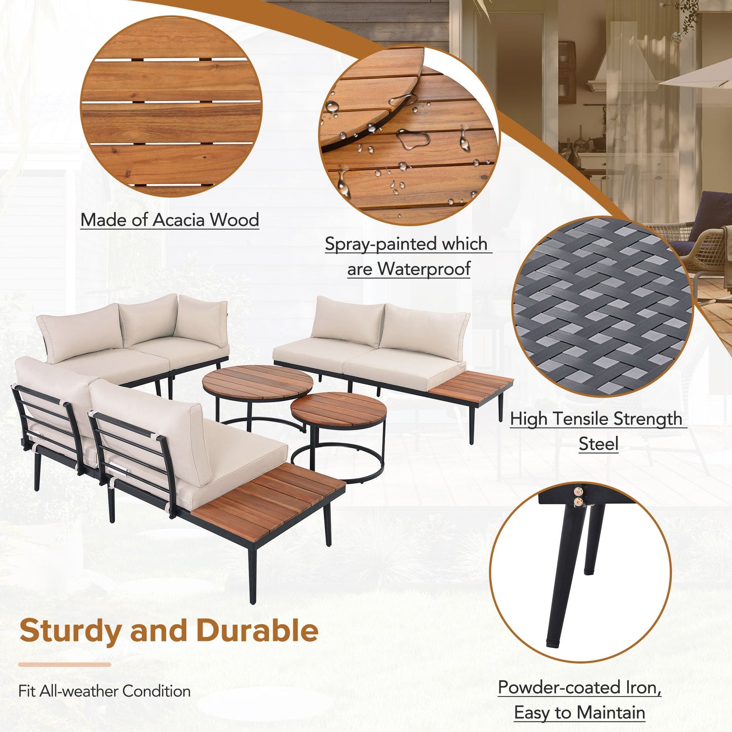 Modern Outdoor Sectional Sofa Set With Nesting Coffee Tables