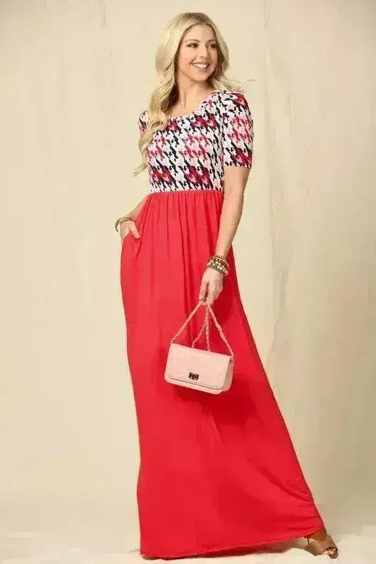 Houndstooth Maxi Dress | Short Sleeve Pocketed Style | Femstylo