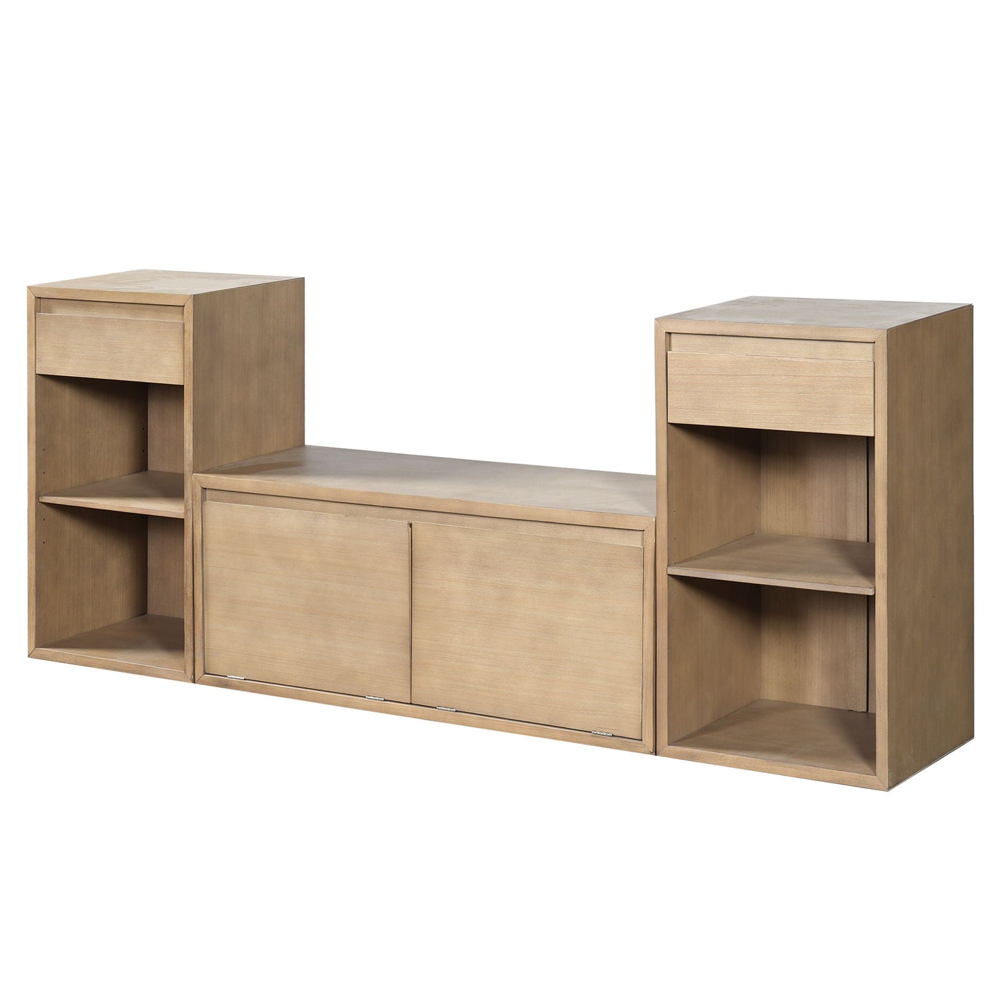 Entryway Storage Bench With Cushion, Drawers & Open Shelves