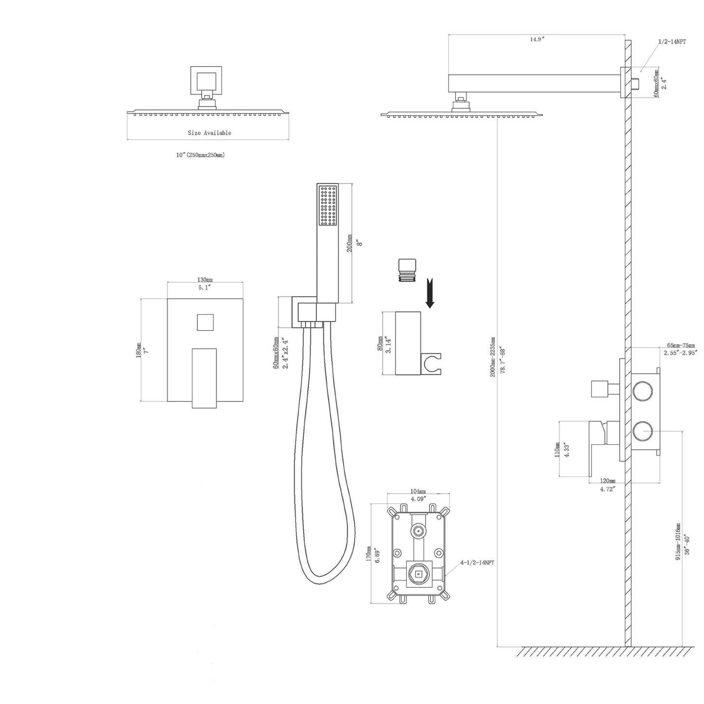 Dual Shower Head 10" Wall Mounted Square Shower System