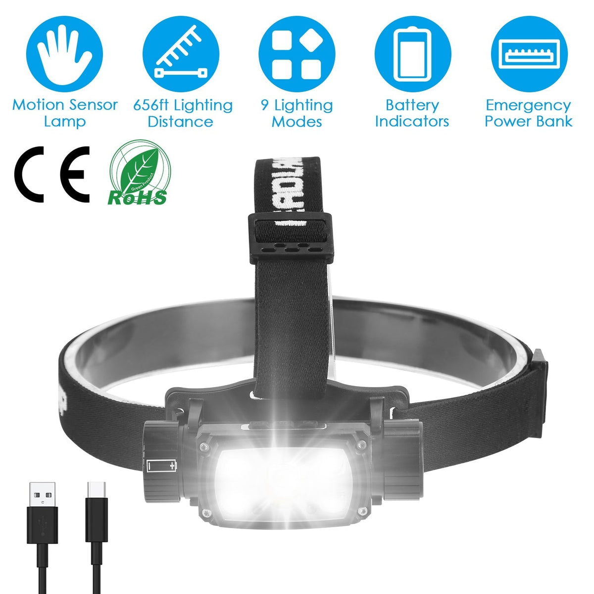 Rechargeable Motion Sensor Headlamp 9 Light Modes Hand Wave Headlight Phone Charging Torch Flashlight for Fishing Running Camping Hiking