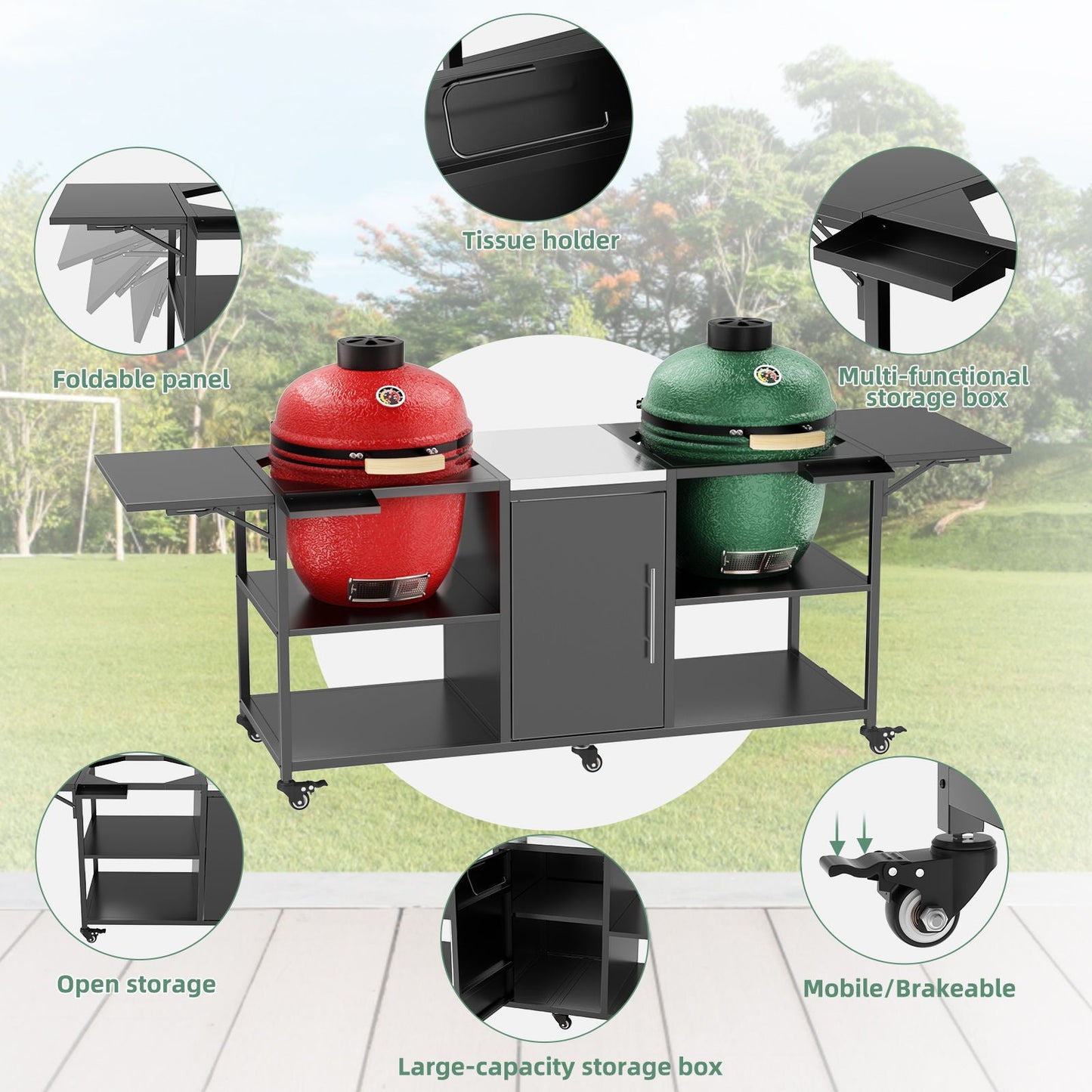 Outdoor Grill Cart For 2 Big Egg - Black / Silver