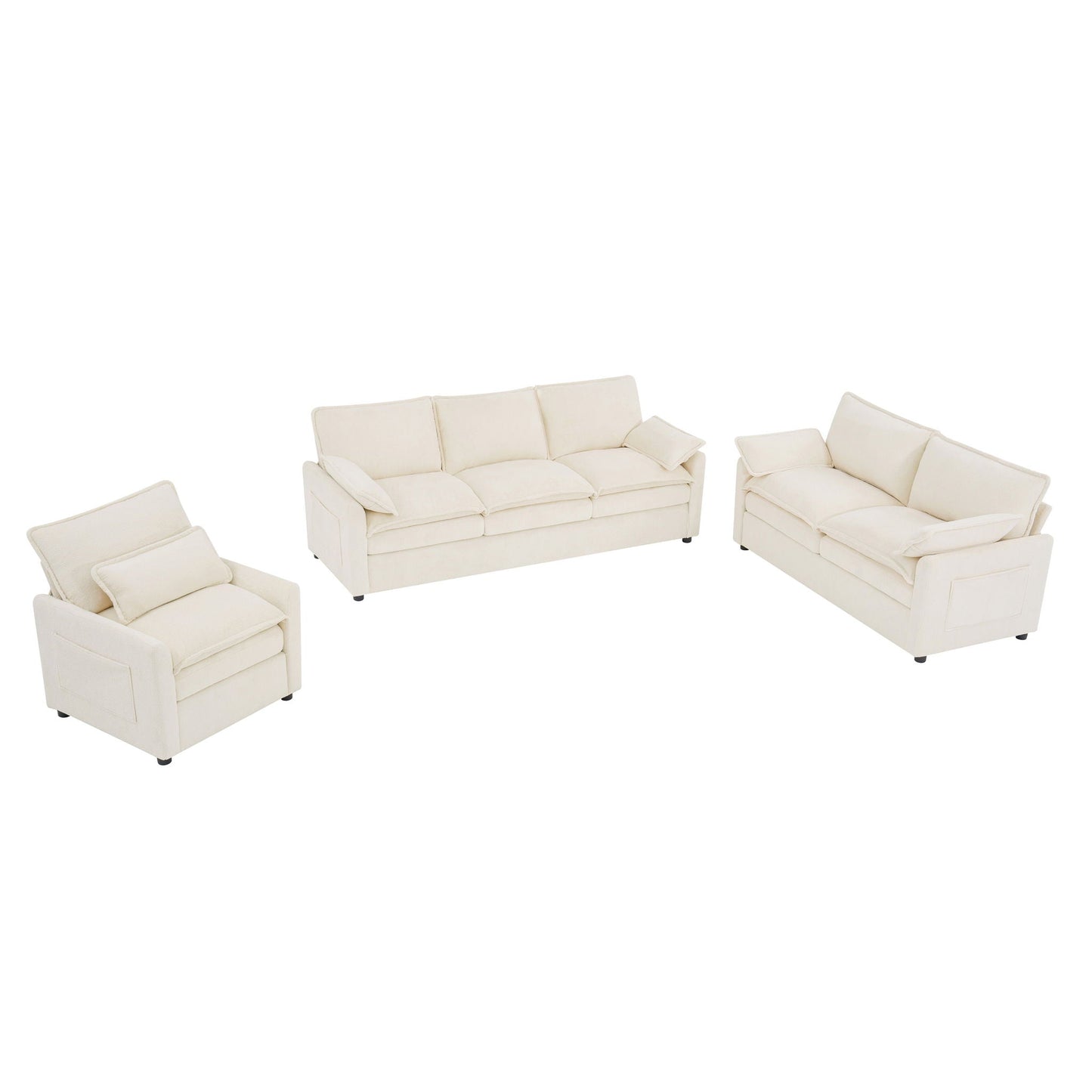 Modern Sofa Set With Double Layer Cushion And Side Storage Pockets