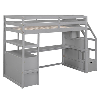 Loft Bed With Desk, Shelves, 2 Drawers, Storage Staircase