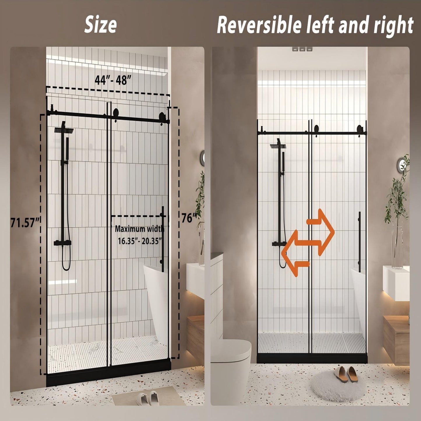 Frameless Shower Door, Smooth Sliding Tracks
