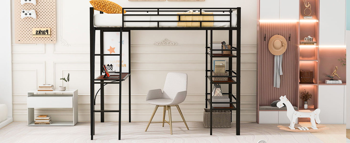 Loft Metal Bed With 3 Layers Of Shelves And Desk, Stylish Metal Frame Bed With board