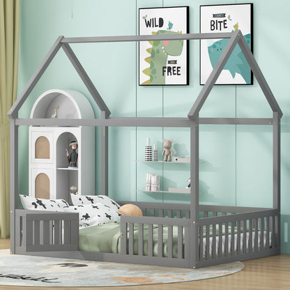 Wood House Bed With Fence And Door